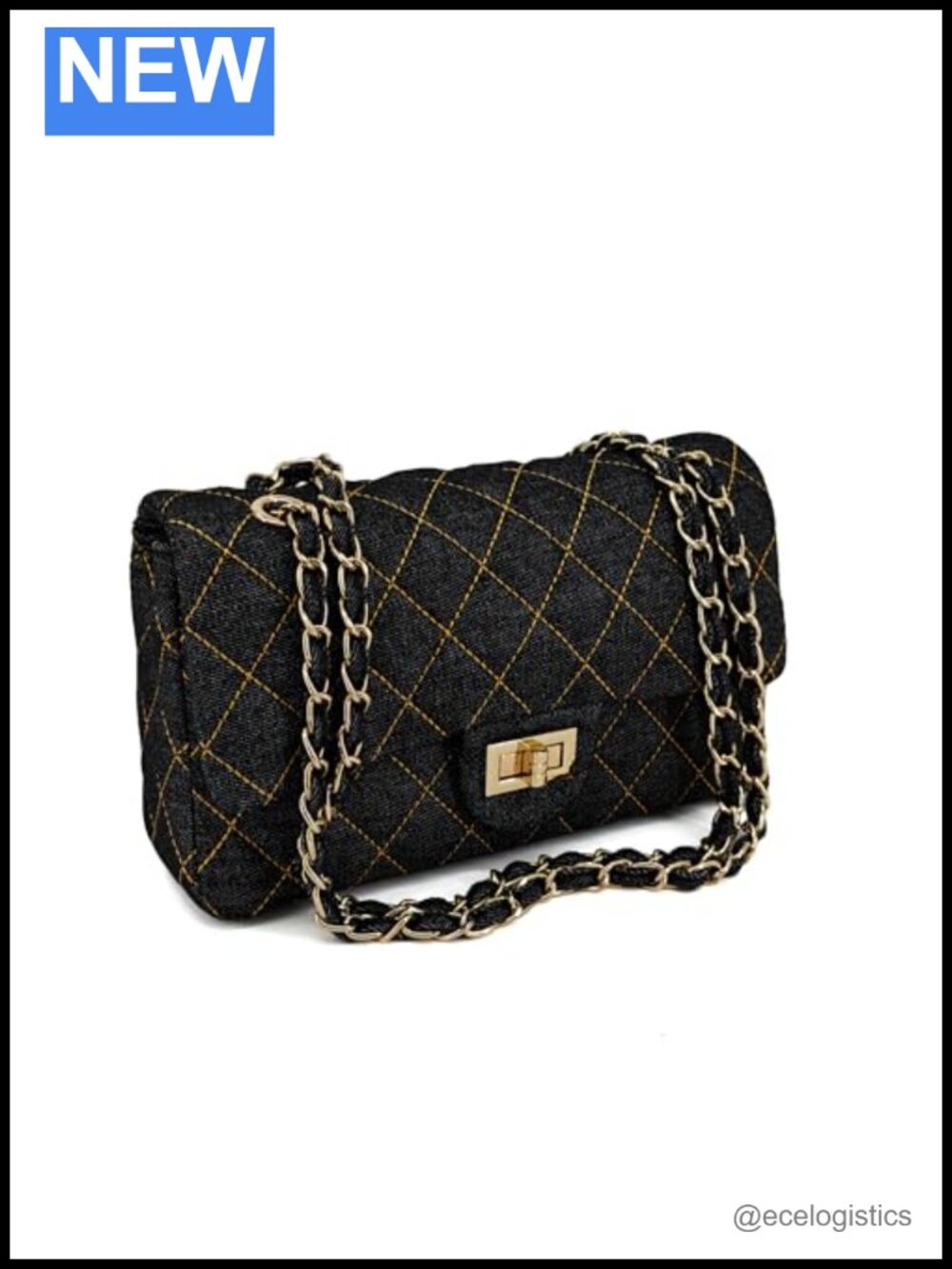 Vintage Quilted Denim Flap Shoulder Bag with Chain Strap